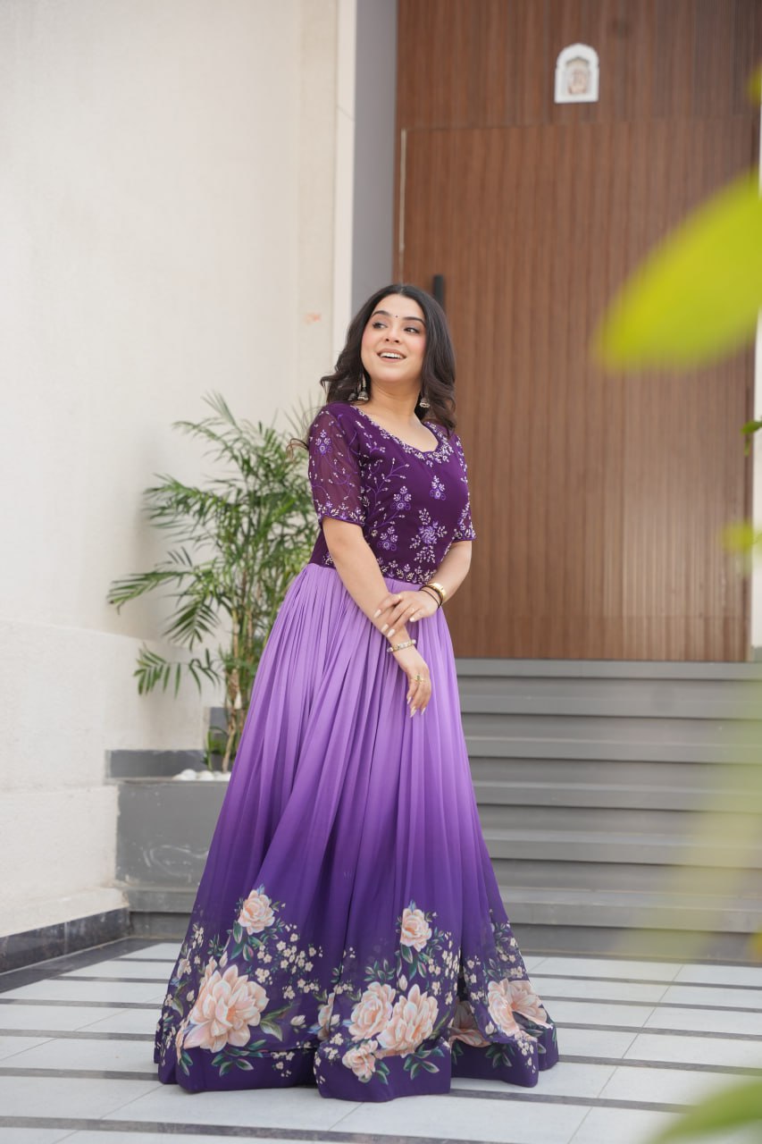 New Party Code Designer Premium Floral Pedding Digital Print Dress Light Purple Color