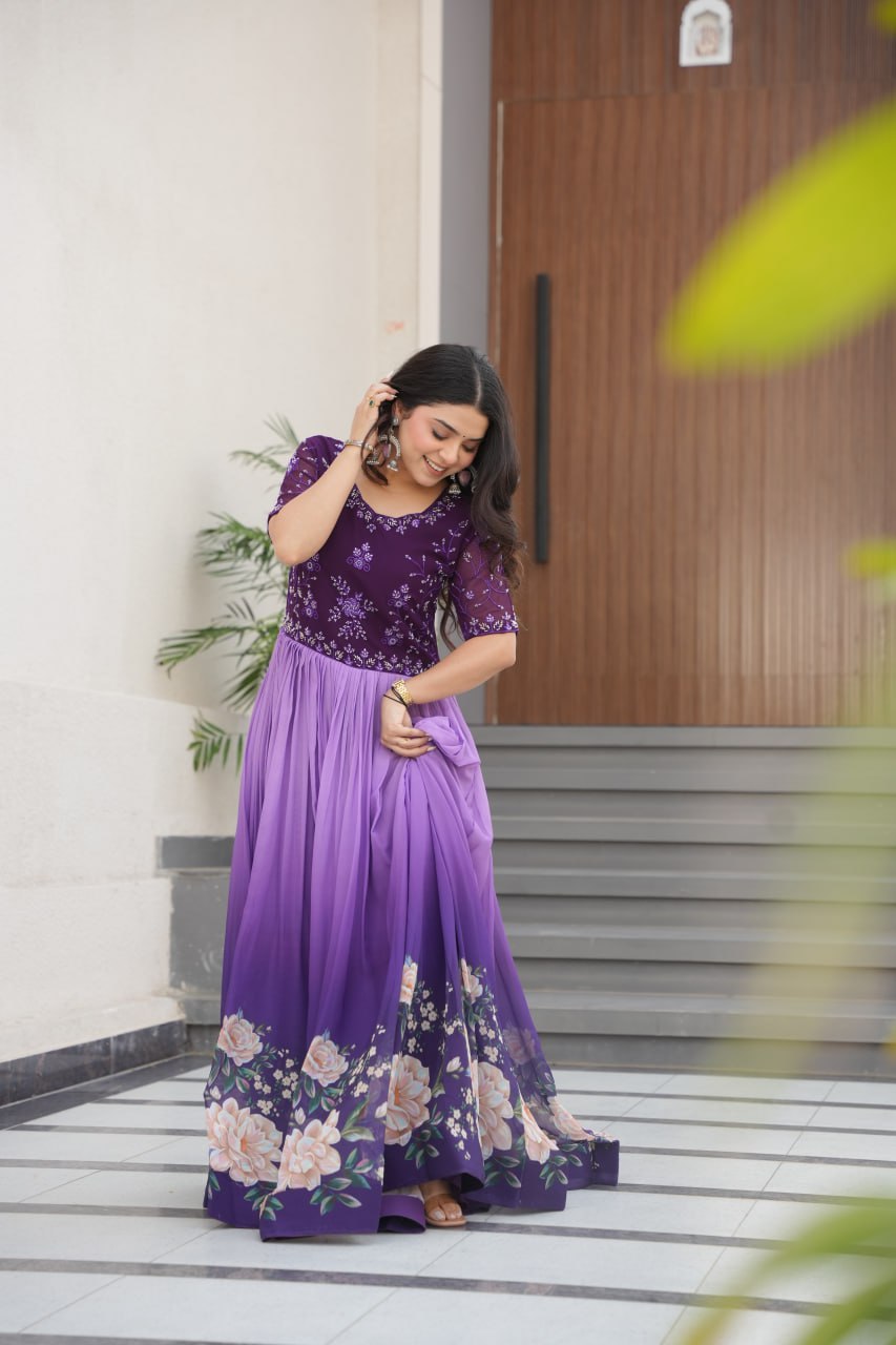 New Party Code Designer Premium Floral Pedding Digital Print Dress Light Purple Color