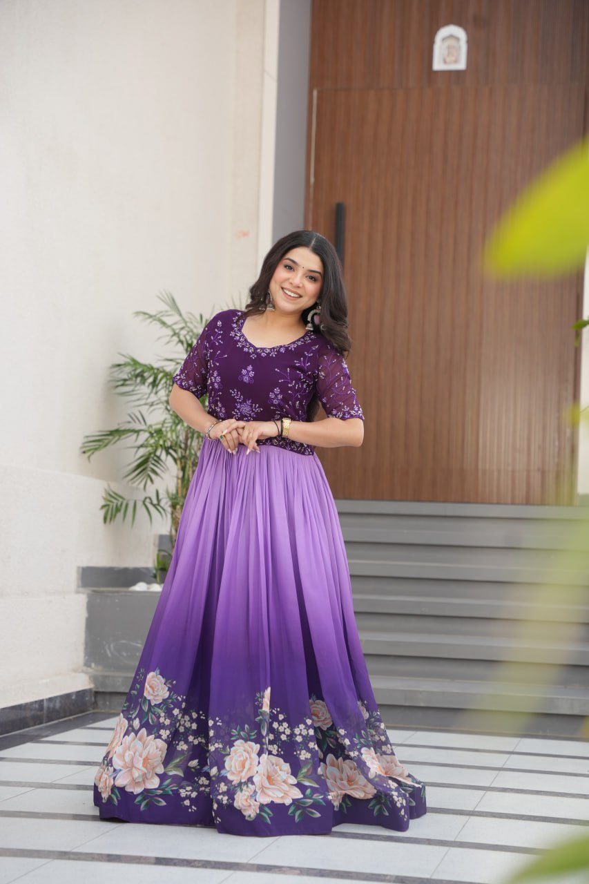 New Party Code Designer Premium Floral Pedding Digital Print Dress Light Purple Color