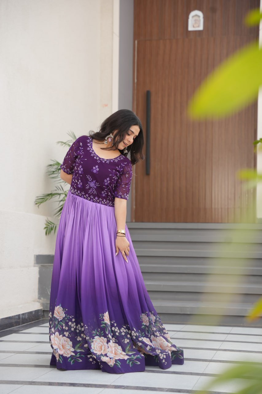 New Party Code Designer Premium Floral Pedding Digital Print Dress Light Purple Color