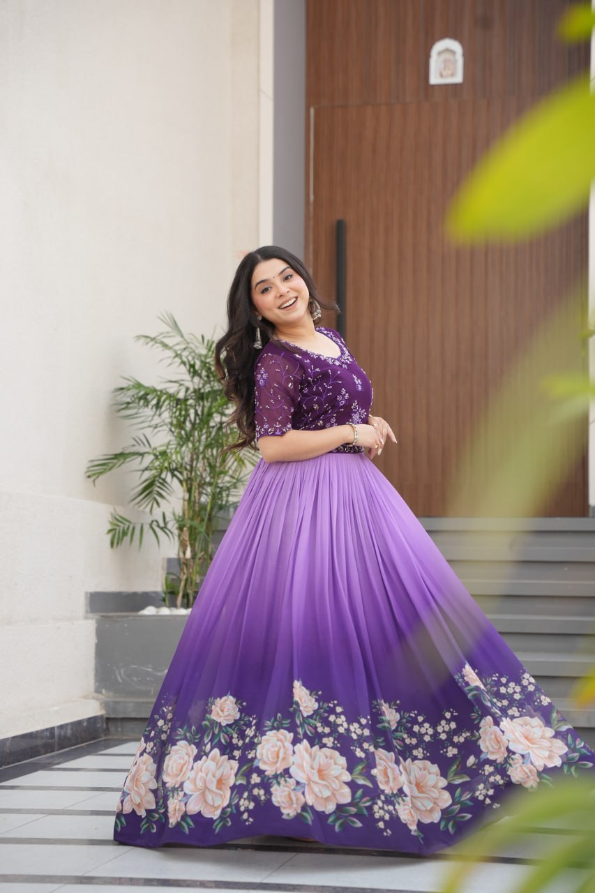 New Party Code Designer Premium Floral Pedding Digital Print Dress Light Purple Color