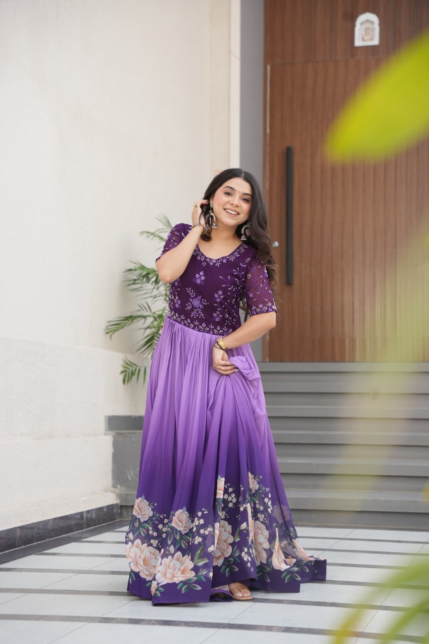 New Party Code Designer Premium Floral Pedding Digital Print Dress Light Purple Color