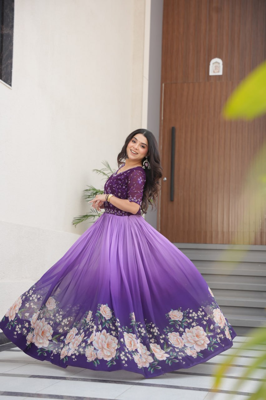 New Party Code Designer Premium Floral Pedding Digital Print Dress Light Purple Color