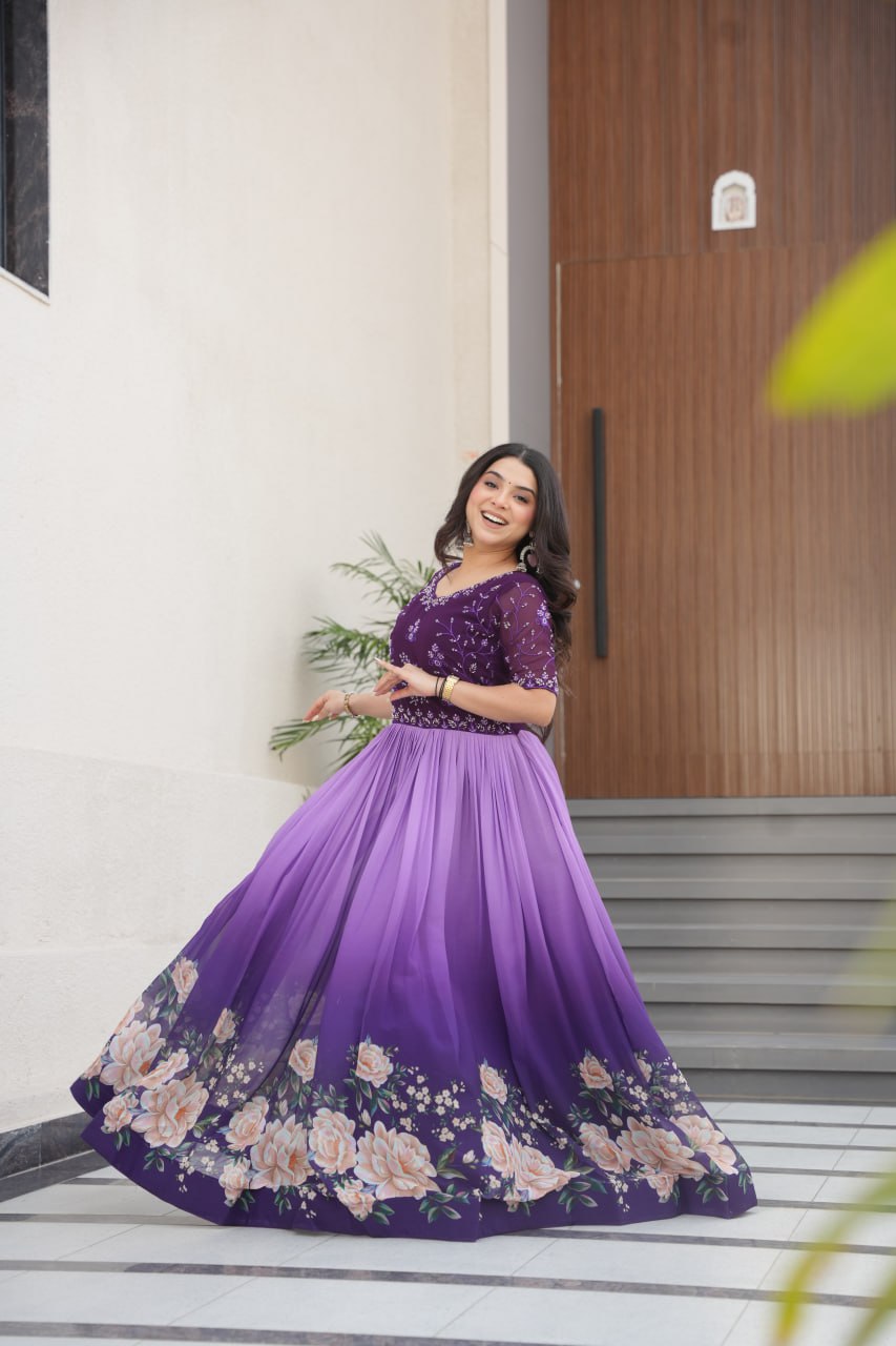 New Party Code Designer Premium Floral Pedding Digital Print Dress Light Purple Color