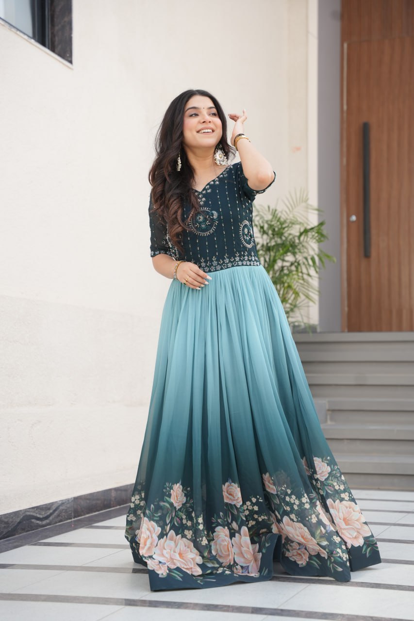 New Party Code Designer Premium Floral Pedding Digital Print Dress Dark Blue Color