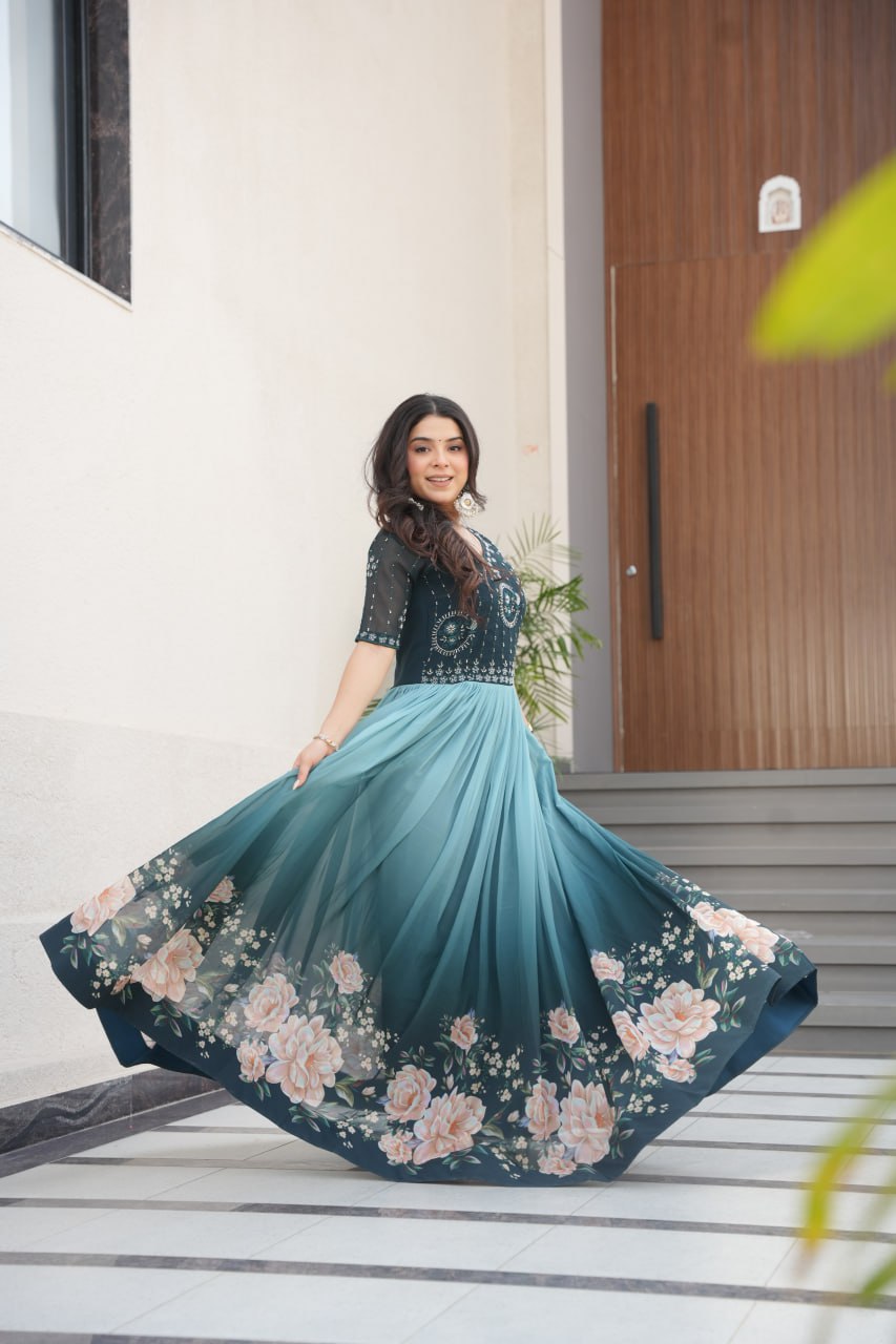 New Party Code Designer Premium Floral Pedding Digital Print Dress Dark Blue Color