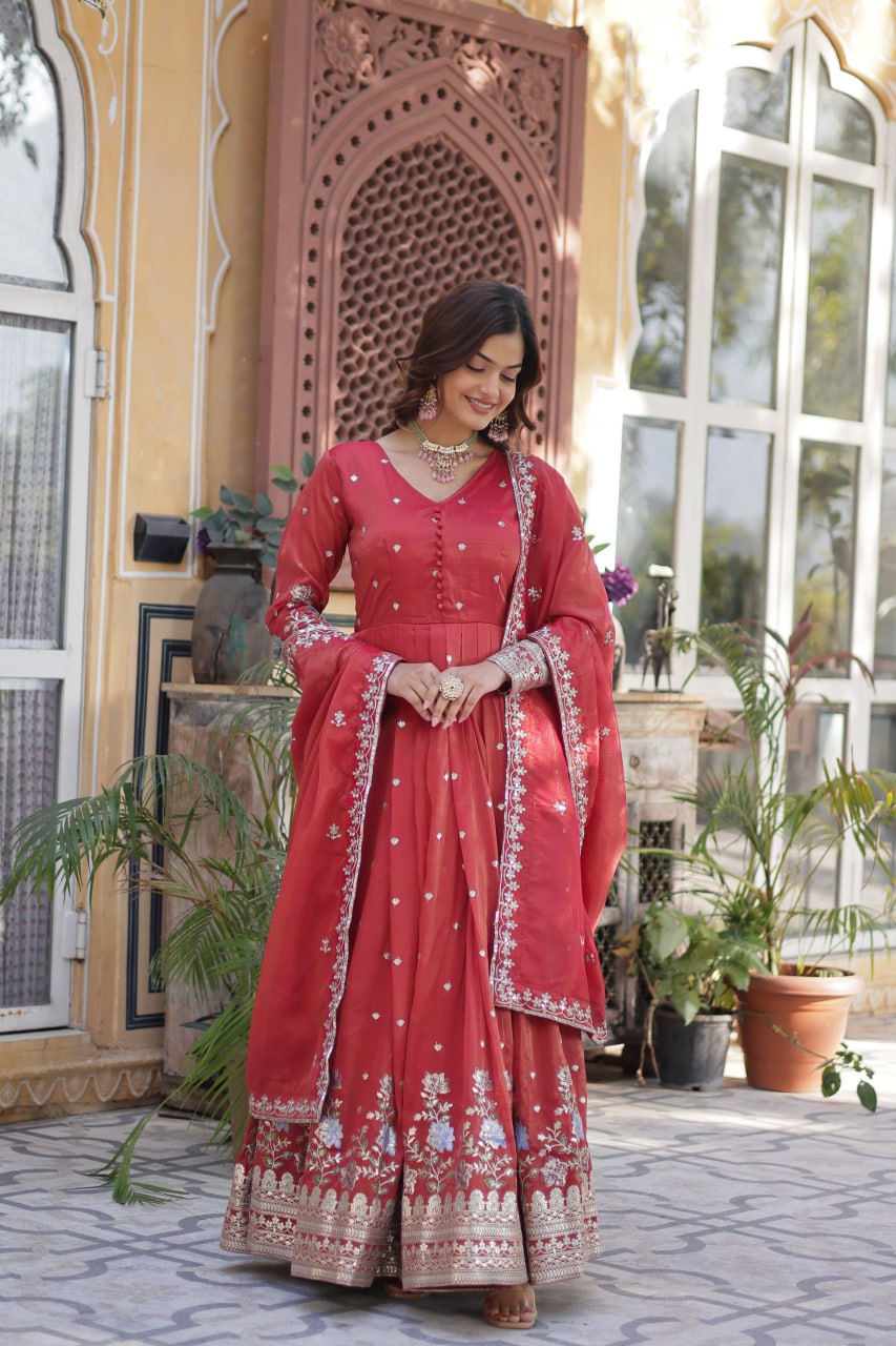 Foil Embroidery Zari Sequins-work red color