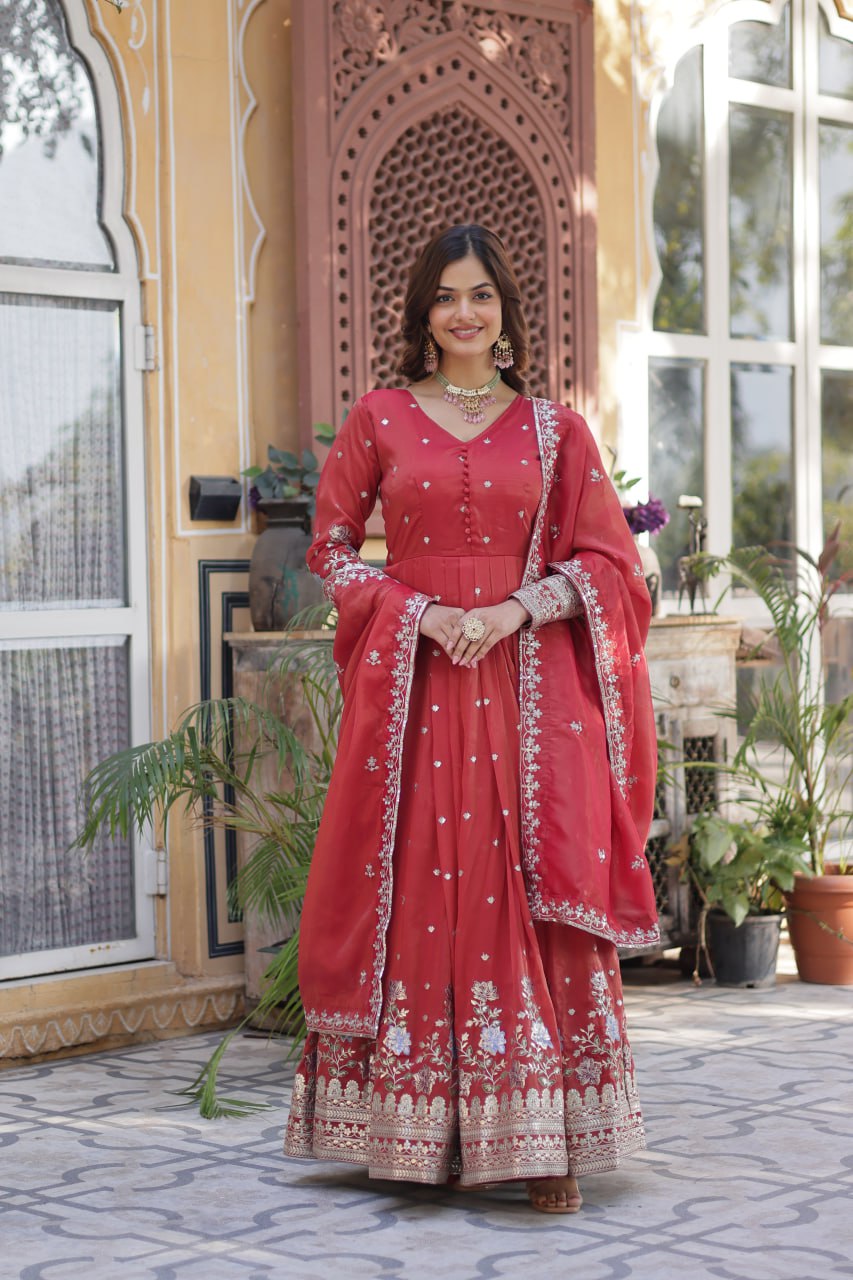 Foil Embroidery Zari Sequins-work red color
