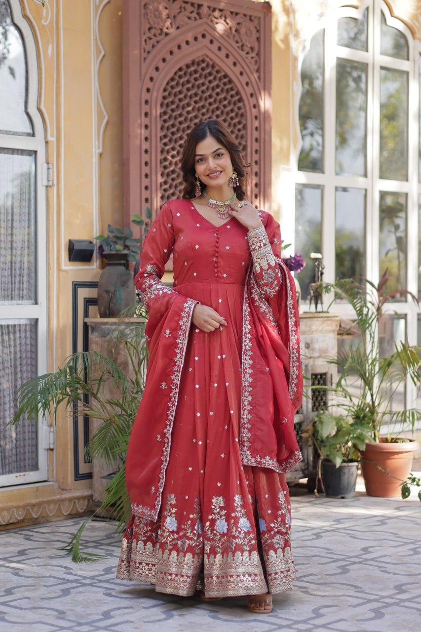 Foil Embroidery Zari Sequins-work red color