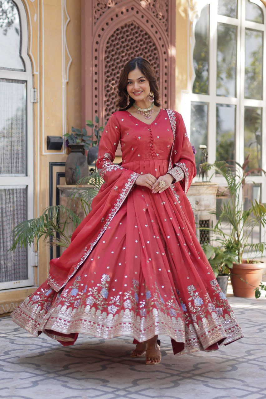 Foil Embroidery Zari Sequins-work red color