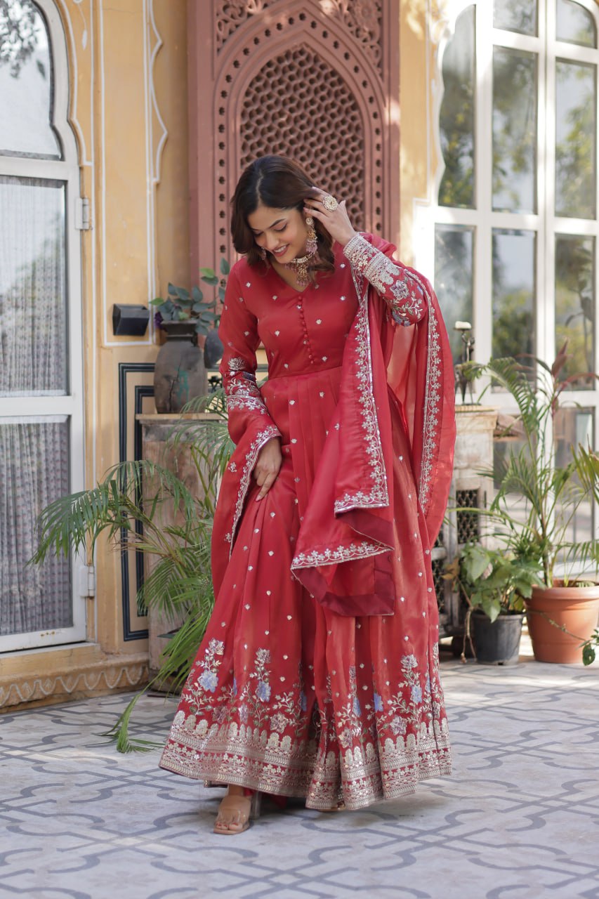 Foil Embroidery Zari Sequins-work red color