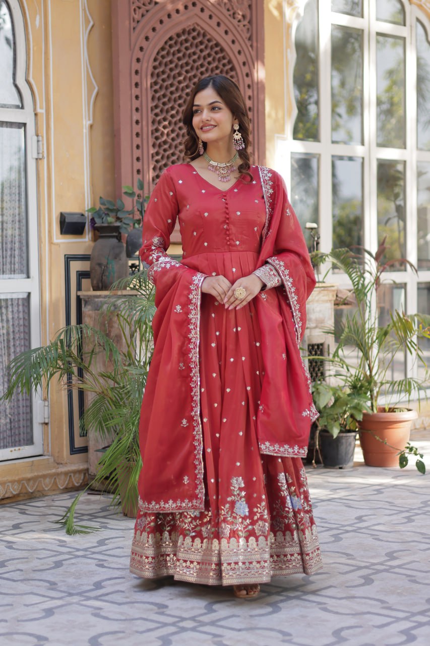 Foil Embroidery Zari Sequins-work red color