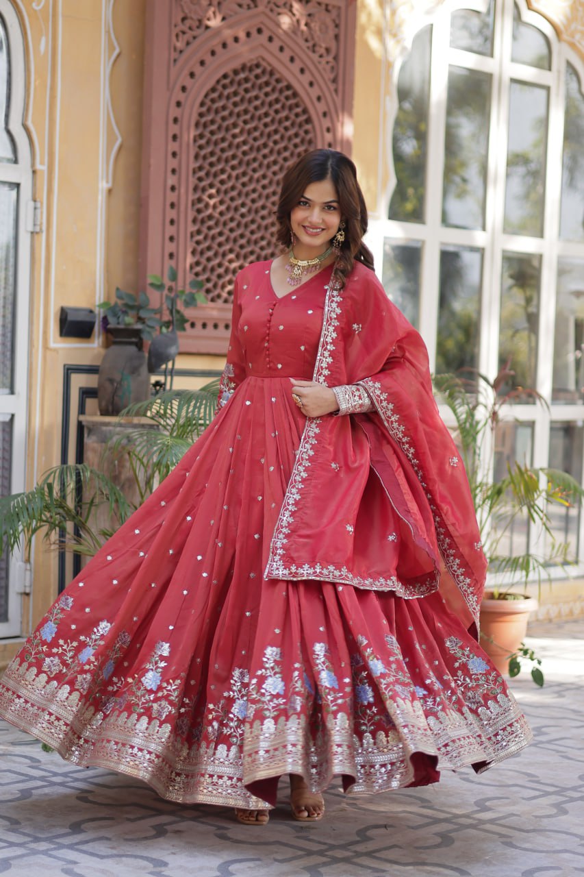 Foil Embroidery Zari Sequins-work red color