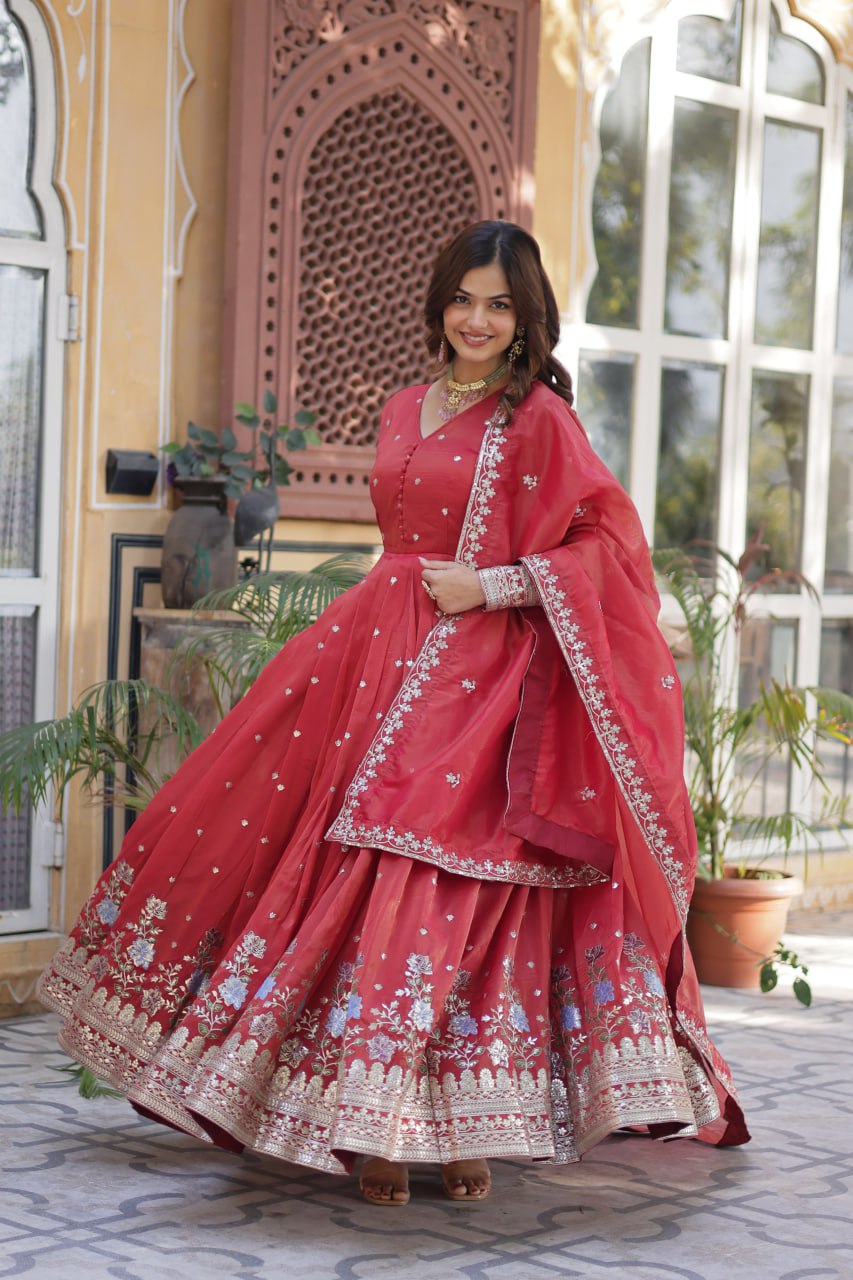 Foil Embroidery Zari Sequins-work red color