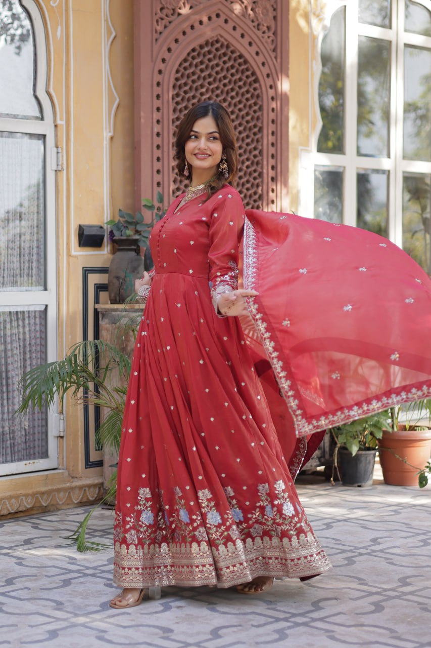 Foil Embroidery Zari Sequins-work red color