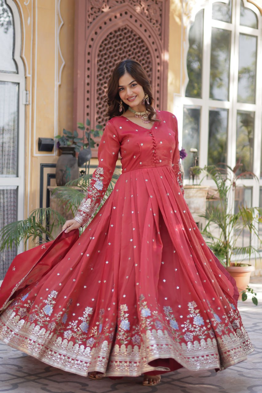 Foil Embroidery Zari Sequins-work red color