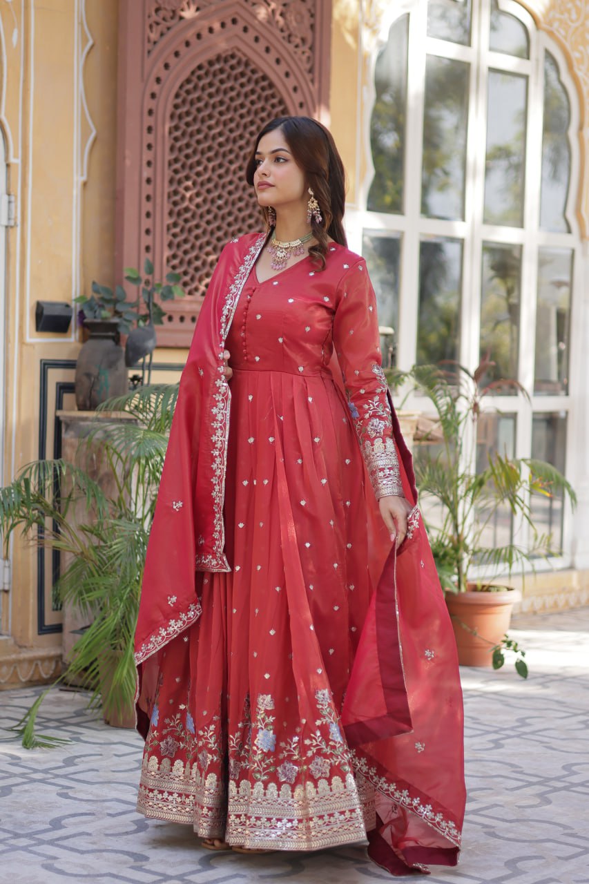 Foil Embroidery Zari Sequins-work red color