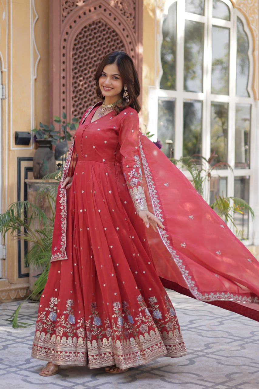 Foil Embroidery Zari Sequins-work red color