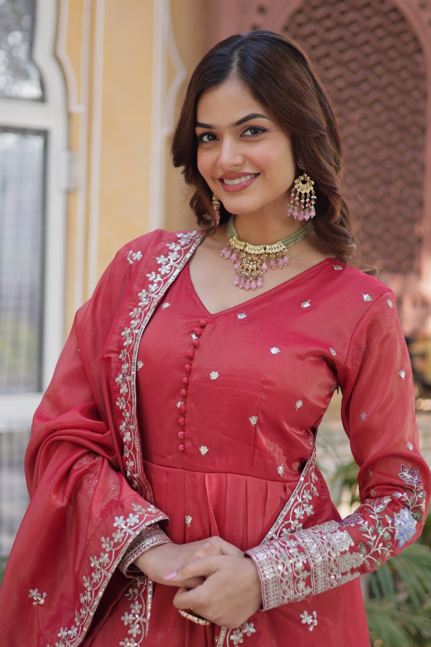 Foil Embroidery Zari Sequins-work red color