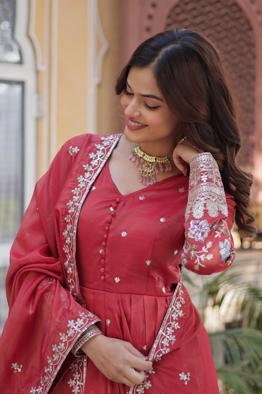 Foil Embroidery Zari Sequins-work red color