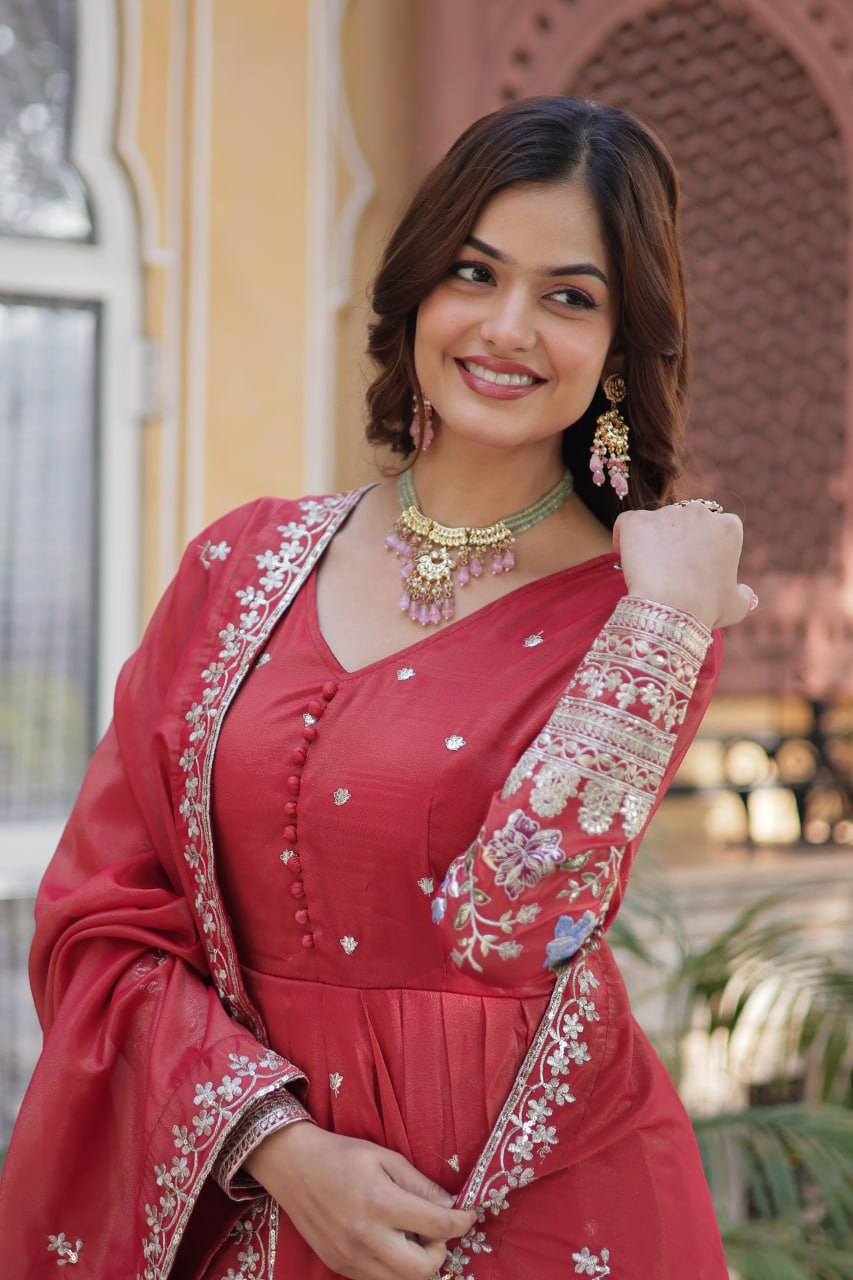Foil Embroidery Zari Sequins-work red color