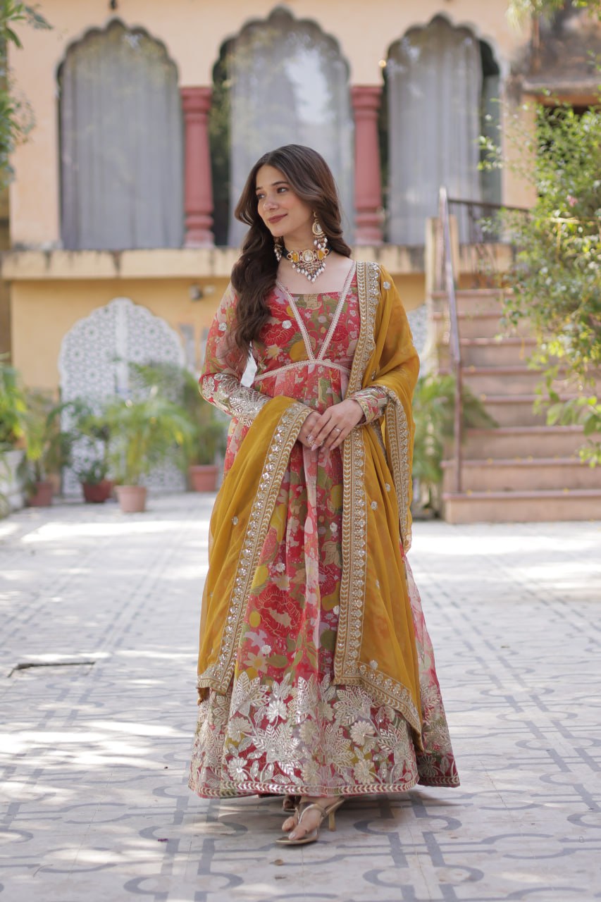 Digital Printed Russian silk With Foil Embroidery Zari Sequins-work Light Pink Color