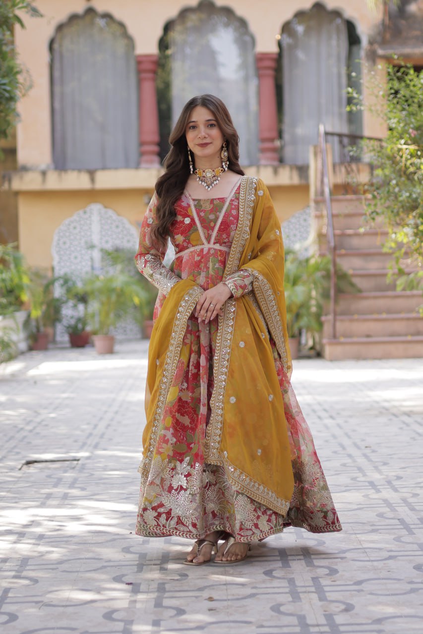 Digital Printed Russian silk With Foil Embroidery Zari Sequins-work Light Pink Color
