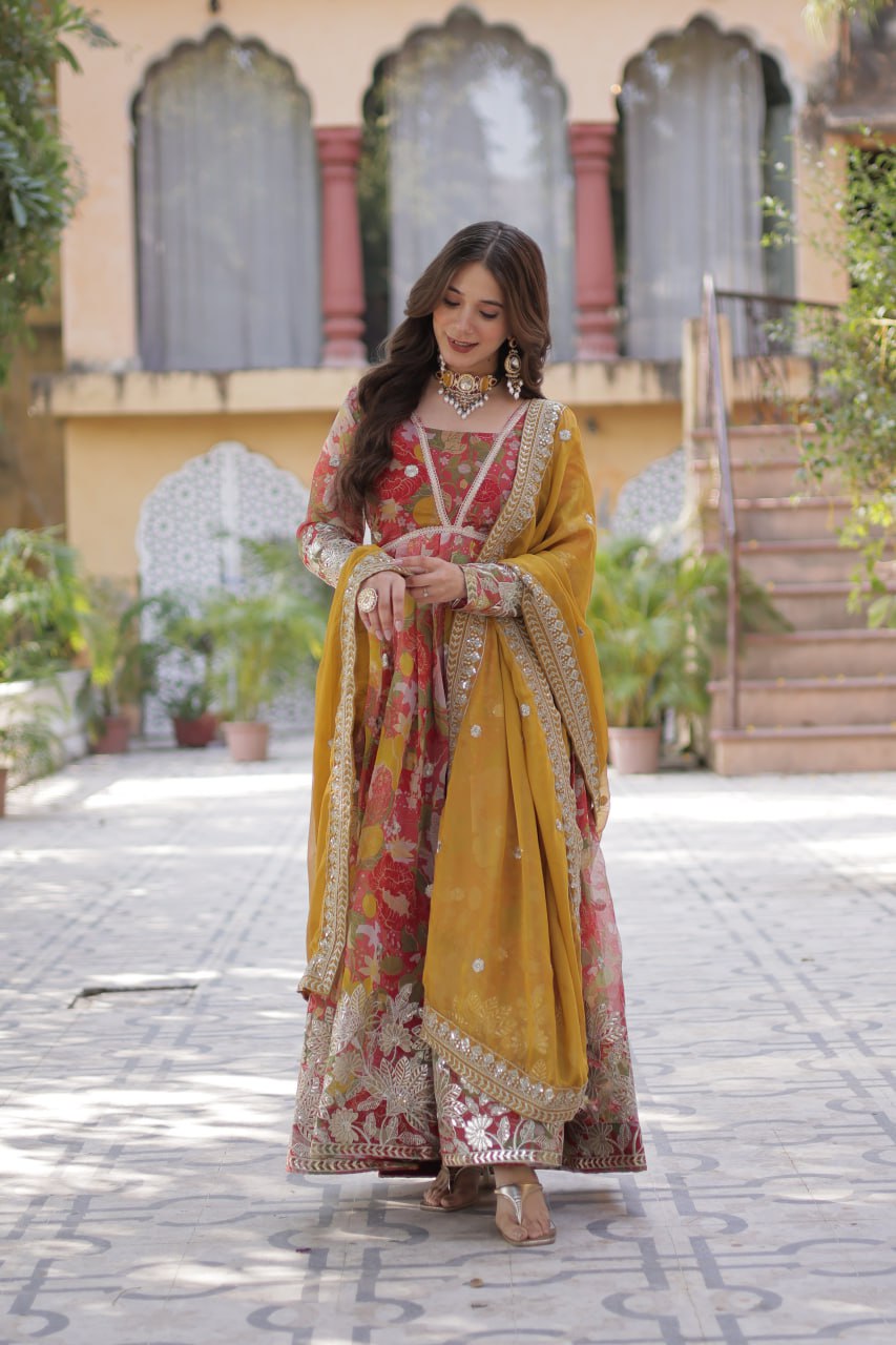 Digital Printed Russian silk With Foil Embroidery Zari Sequins-work Light Pink Color