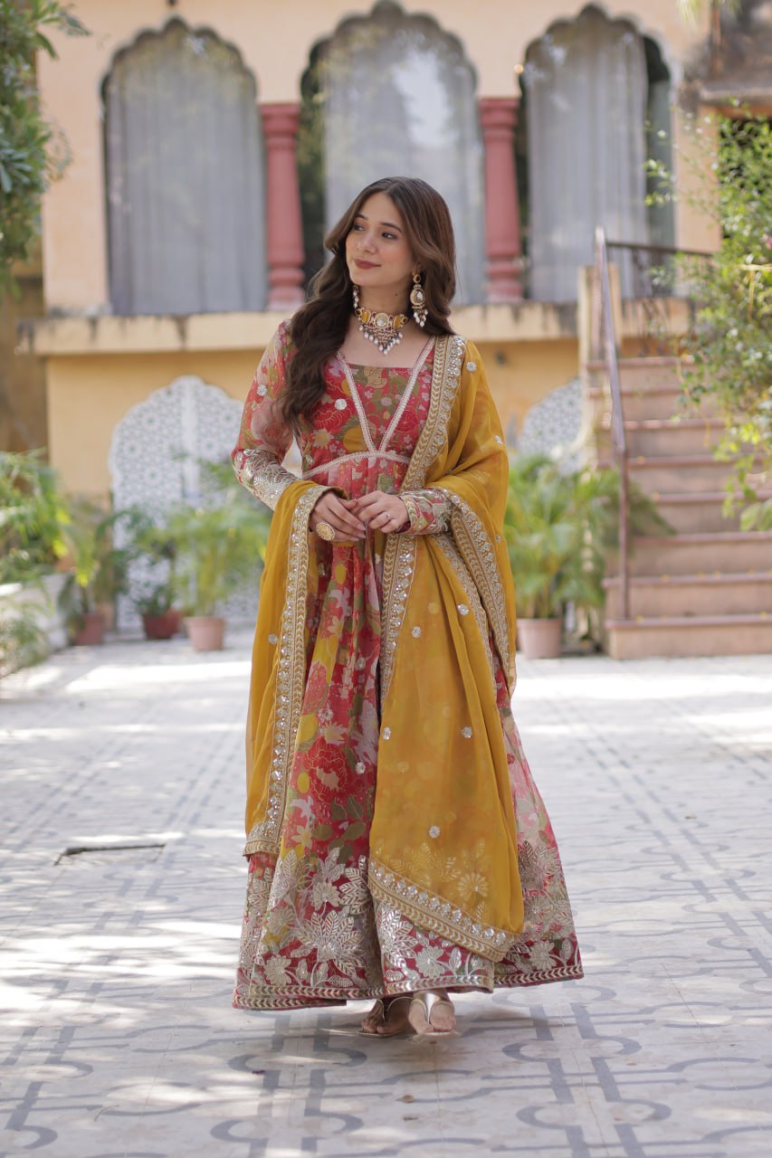 Digital Printed Russian silk With Foil Embroidery Zari Sequins-work Light Pink Color