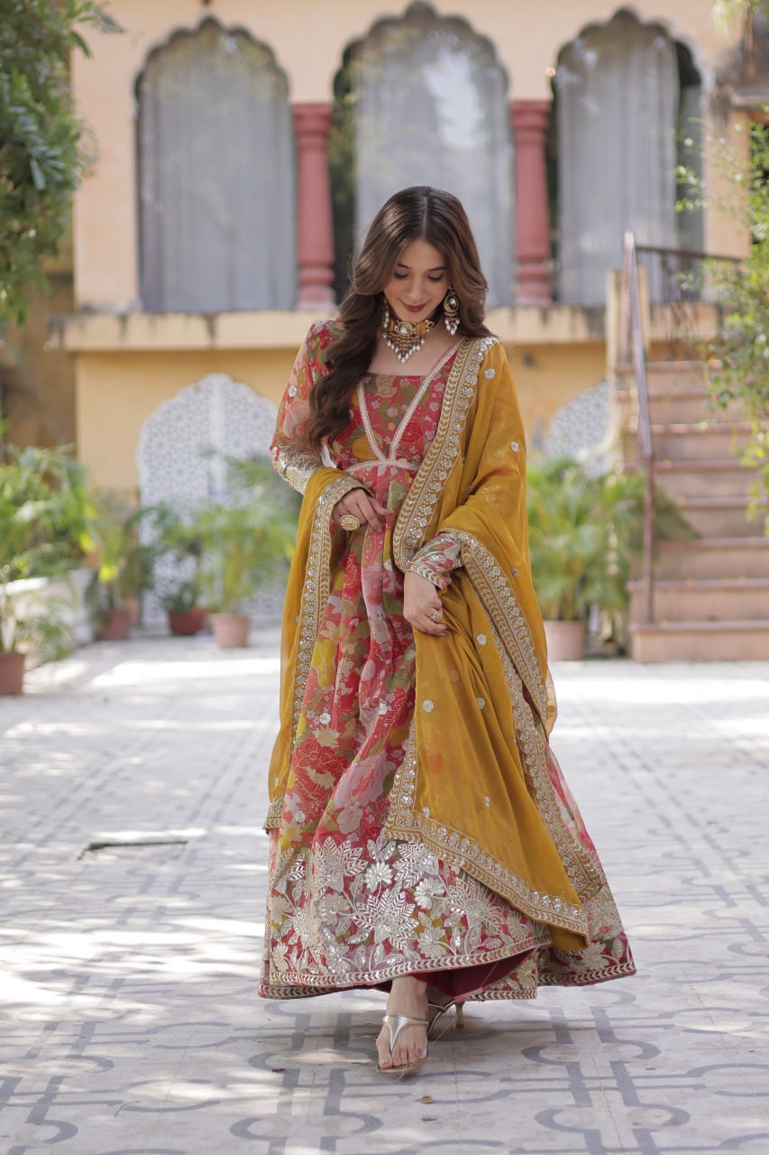 Digital Printed Russian silk With Foil Embroidery Zari Sequins-work Light Pink Color