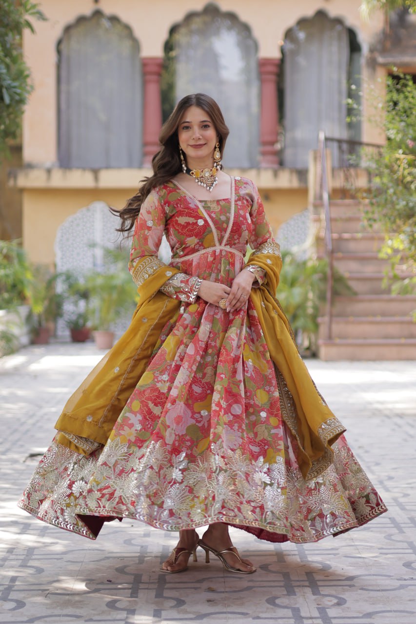 Digital Printed Russian silk With Foil Embroidery Zari Sequins-work Light Pink Color