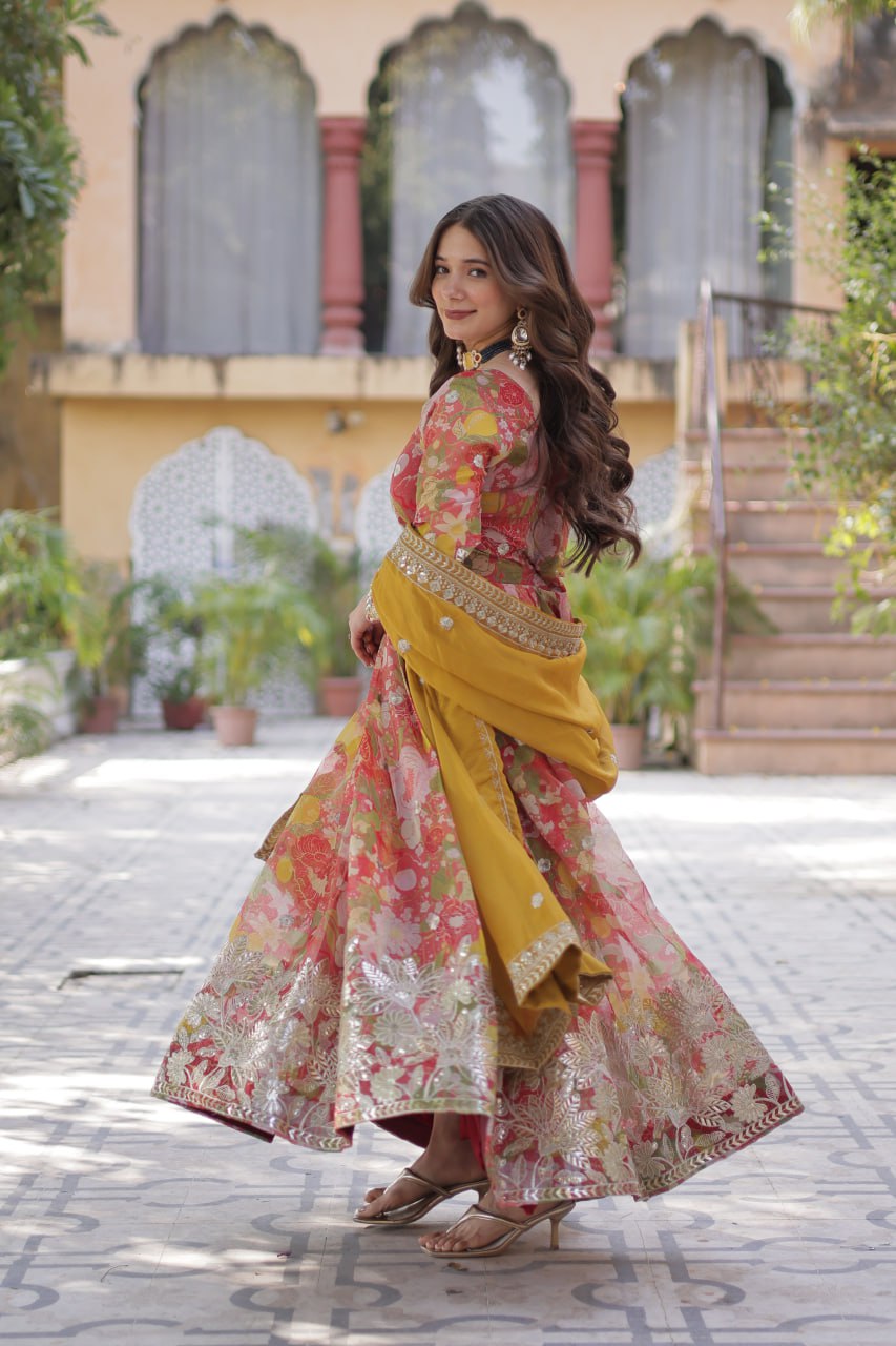 Digital Printed Russian silk With Foil Embroidery Zari Sequins-work Light Pink Color