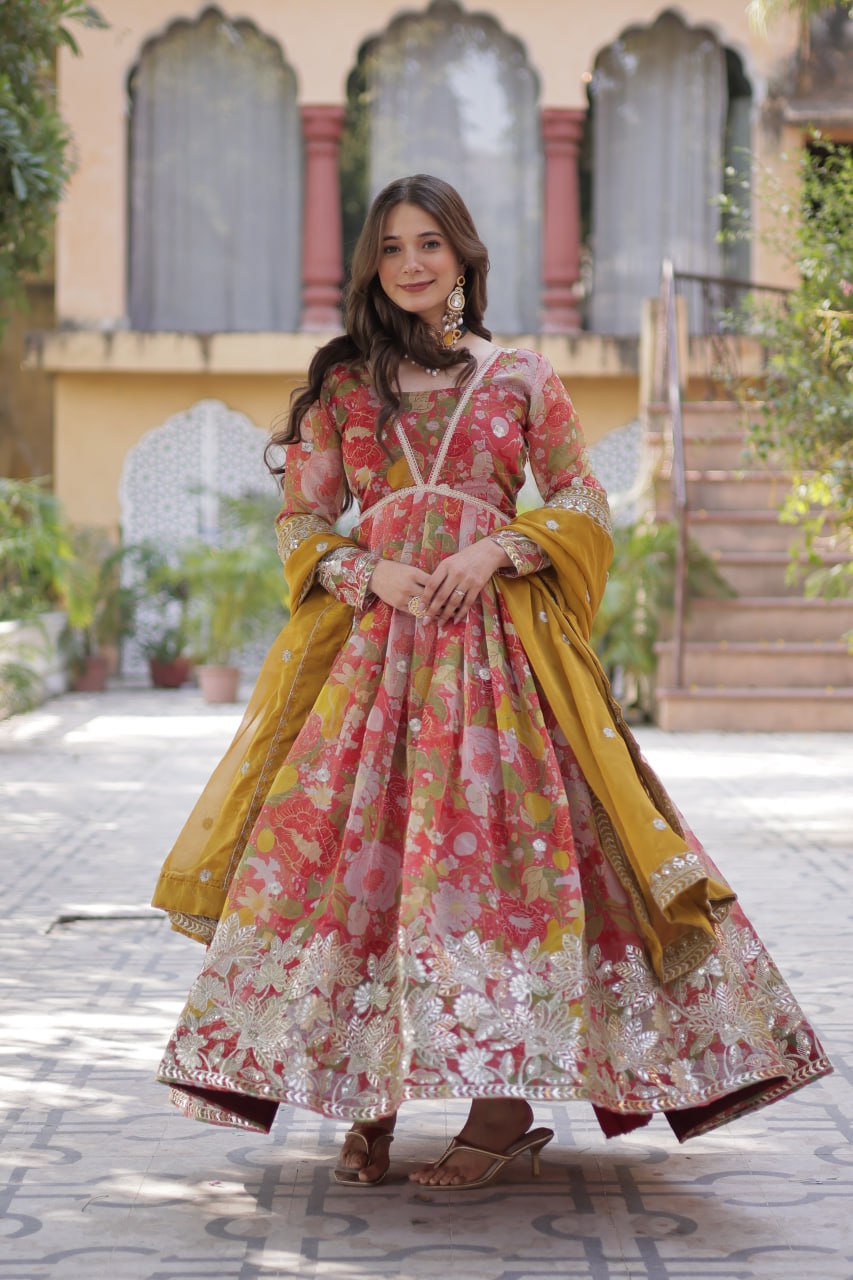 Digital Printed Russian silk With Foil Embroidery Zari Sequins-work Light Pink Color