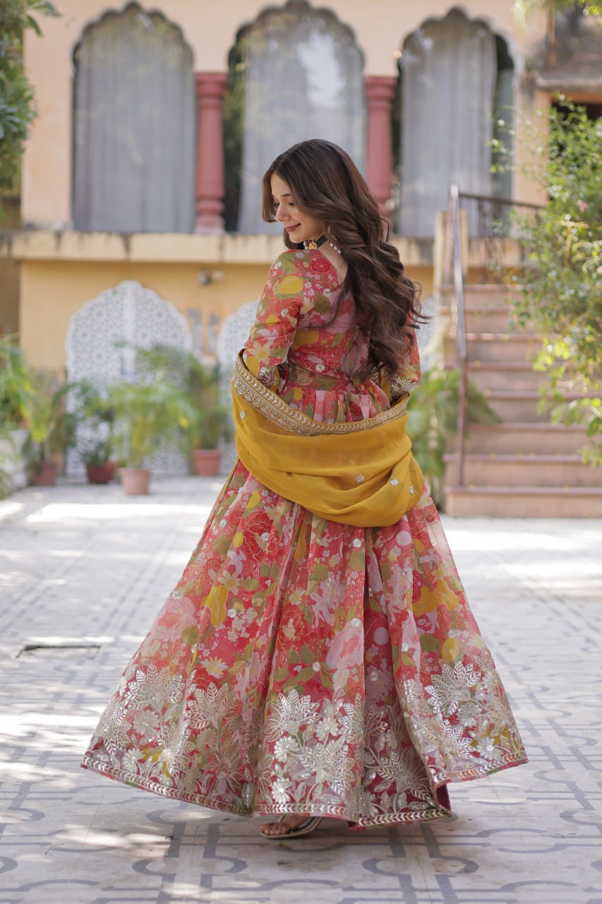Digital Printed Russian silk With Foil Embroidery Zari Sequins-work Light Pink Color