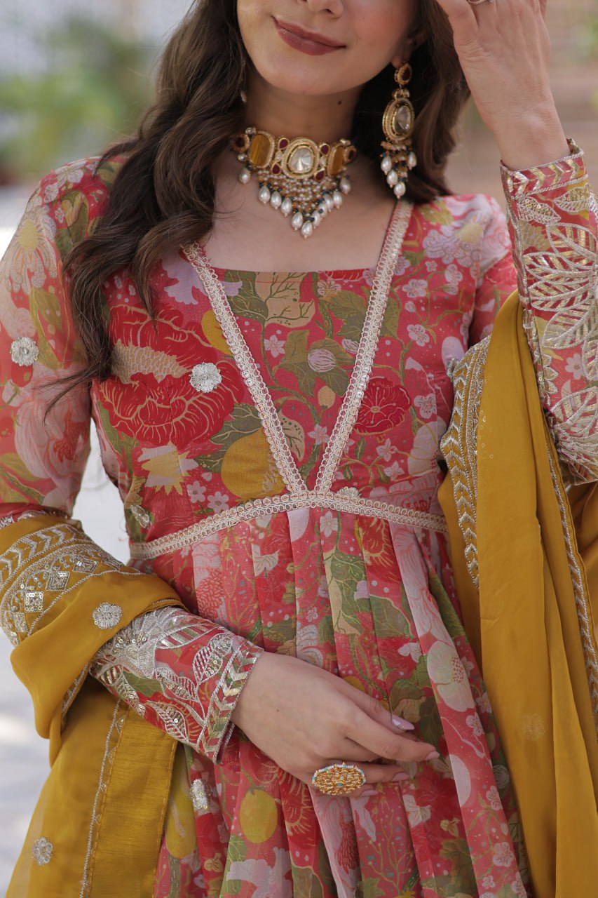 Digital Printed Russian silk With Foil Embroidery Zari Sequins-work Light Pink Color