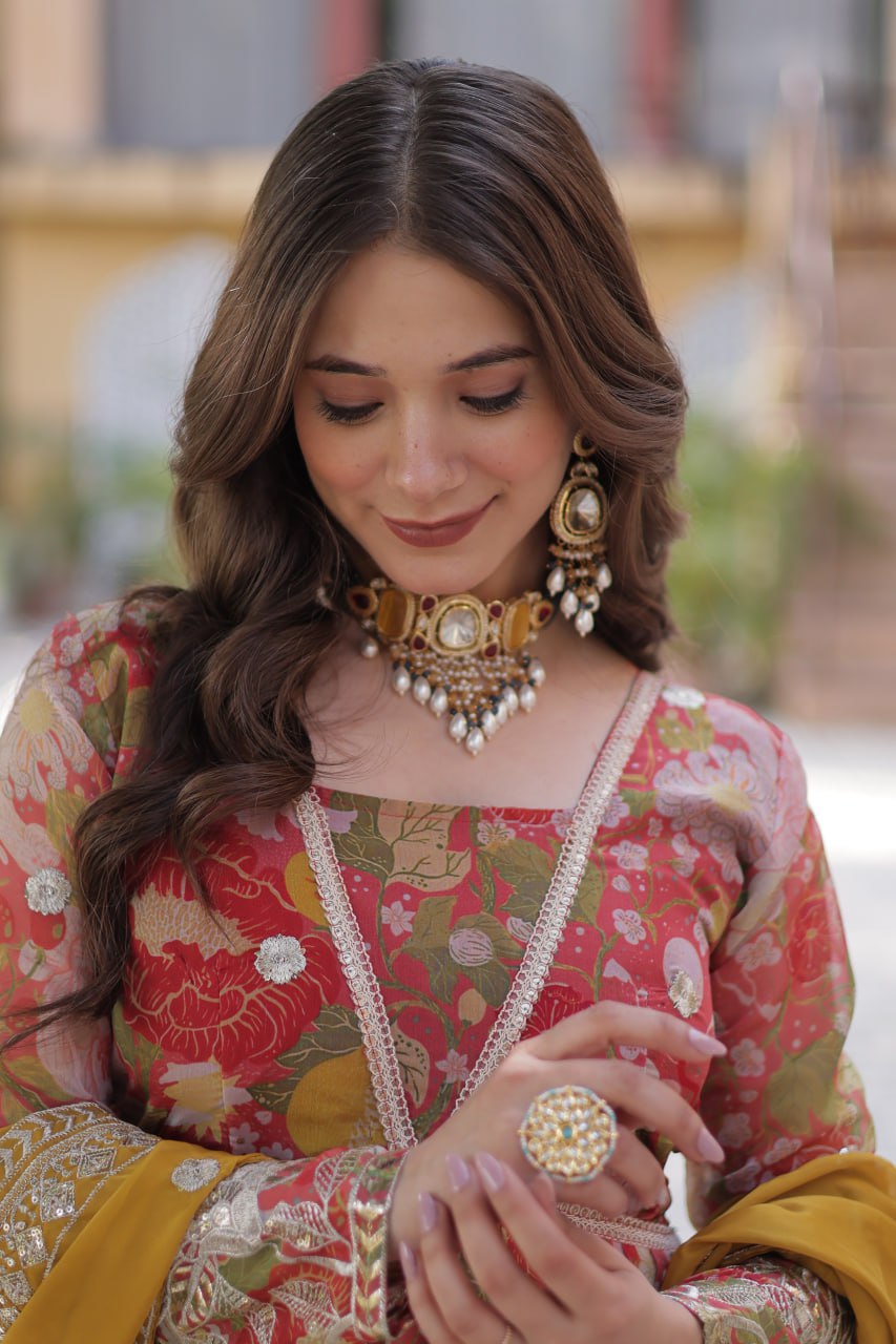 Digital Printed Russian silk With Foil Embroidery Zari Sequins-work Light Pink Color