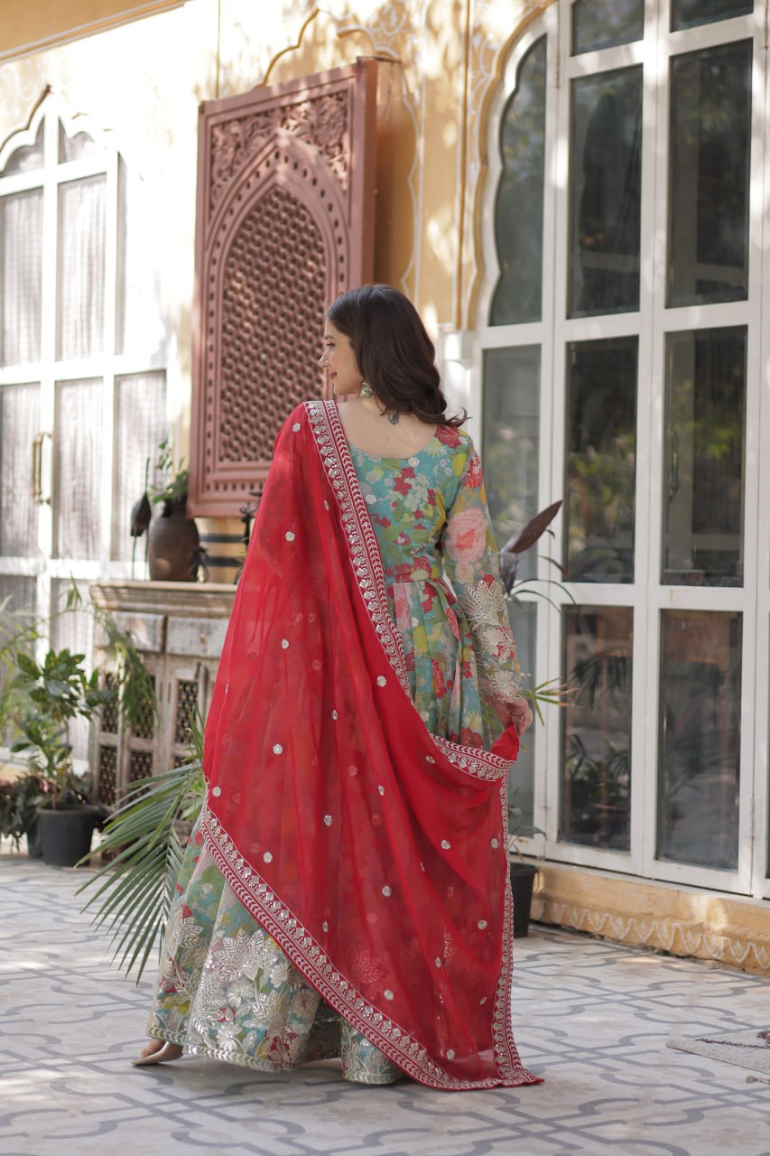 Digital Printed Russian silk With Foil Embroidery Zari Sequins-work Pista Green Color