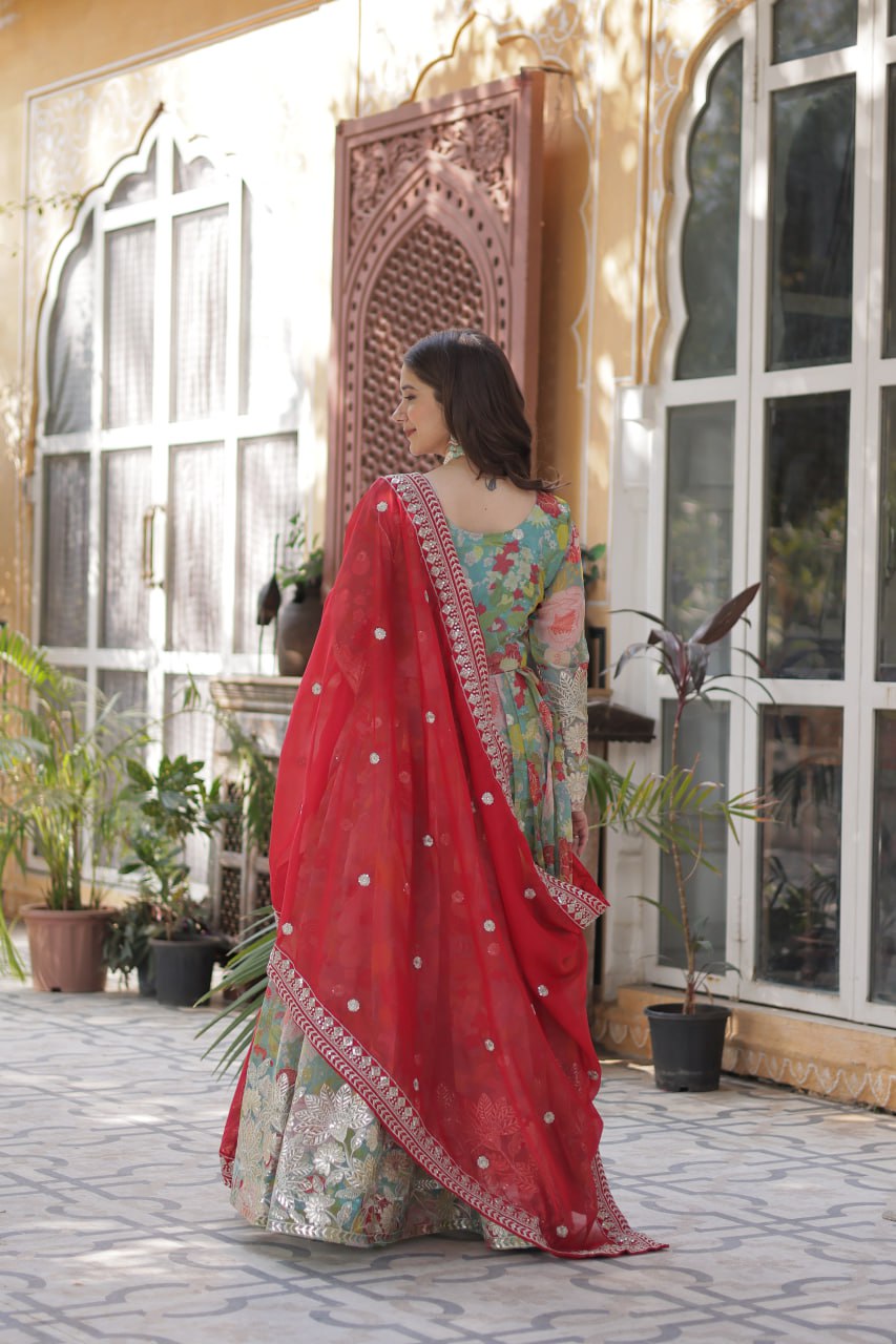 Digital Printed Russian silk With Foil Embroidery Zari Sequins-work Pista Green Color