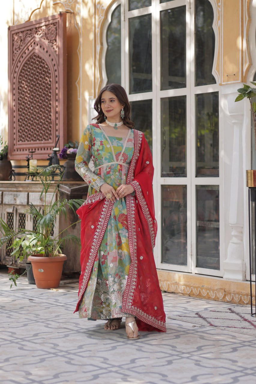 Digital Printed Russian silk With Foil Embroidery Zari Sequins-work Pista Green Color