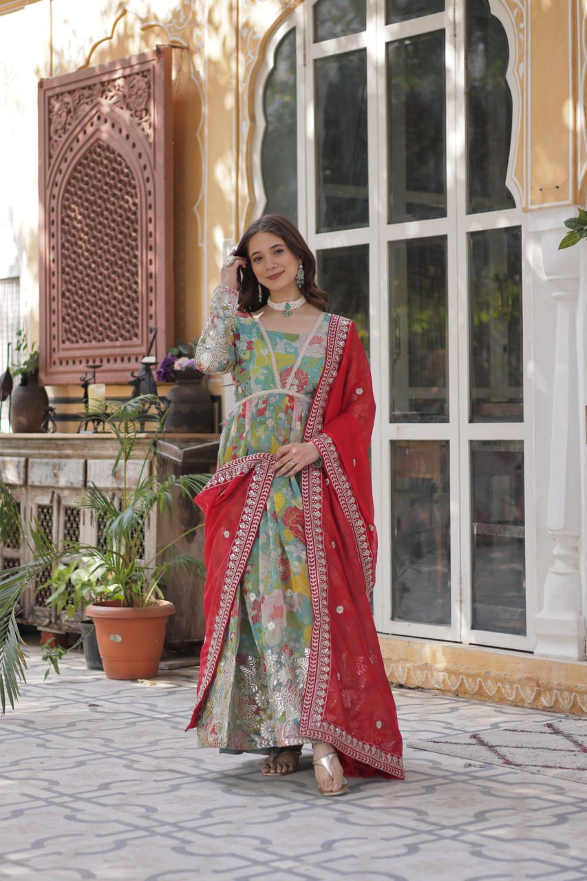 Digital Printed Russian silk With Foil Embroidery Zari Sequins-work Pista Green Color