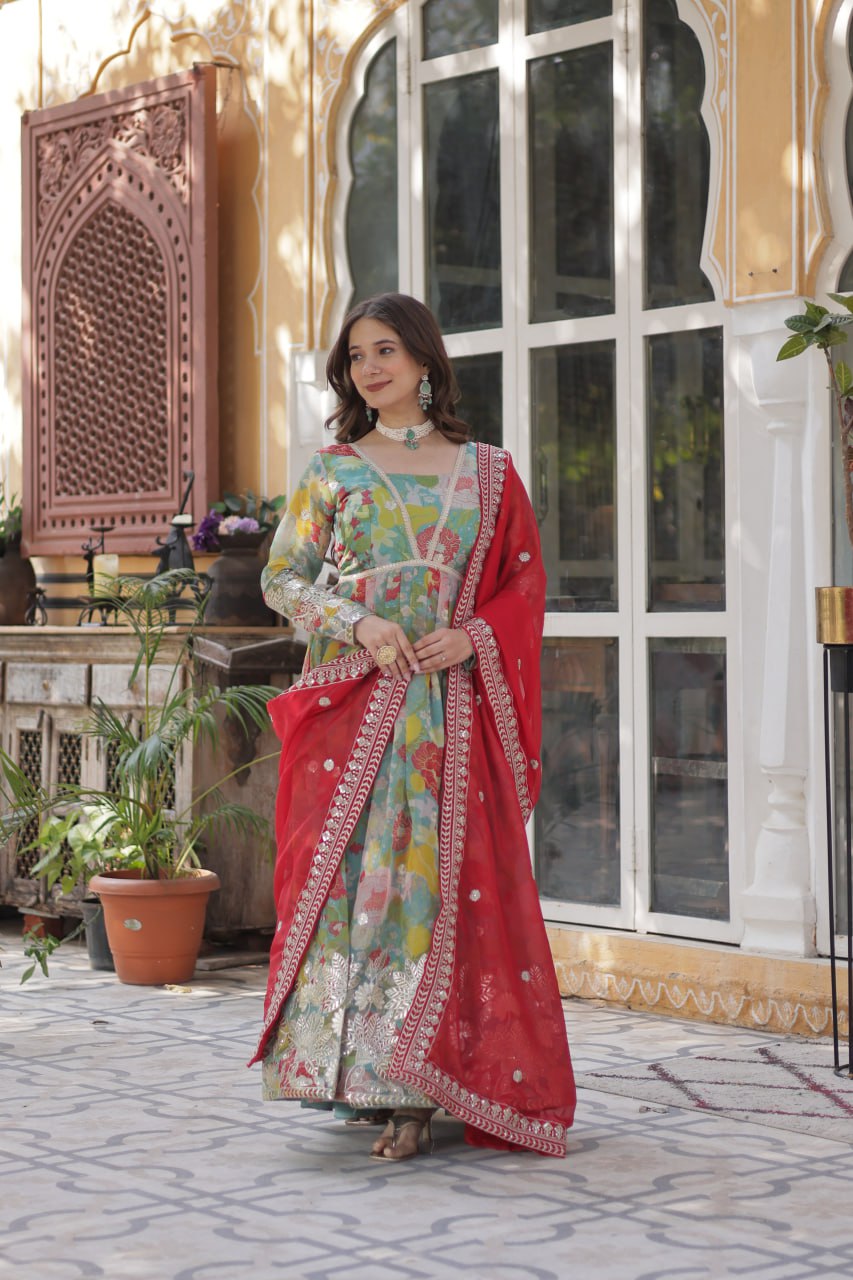 Digital Printed Russian silk With Foil Embroidery Zari Sequins-work Pista Green Color