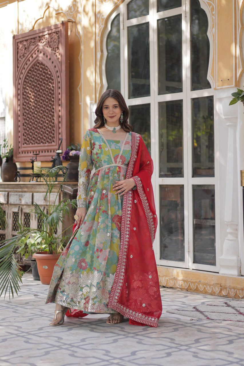 Digital Printed Russian silk With Foil Embroidery Zari Sequins-work Pista Green Color