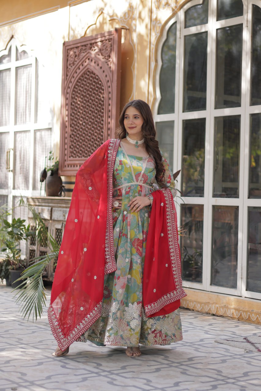 Digital Printed Russian silk With Foil Embroidery Zari Sequins-work Pista Green Color