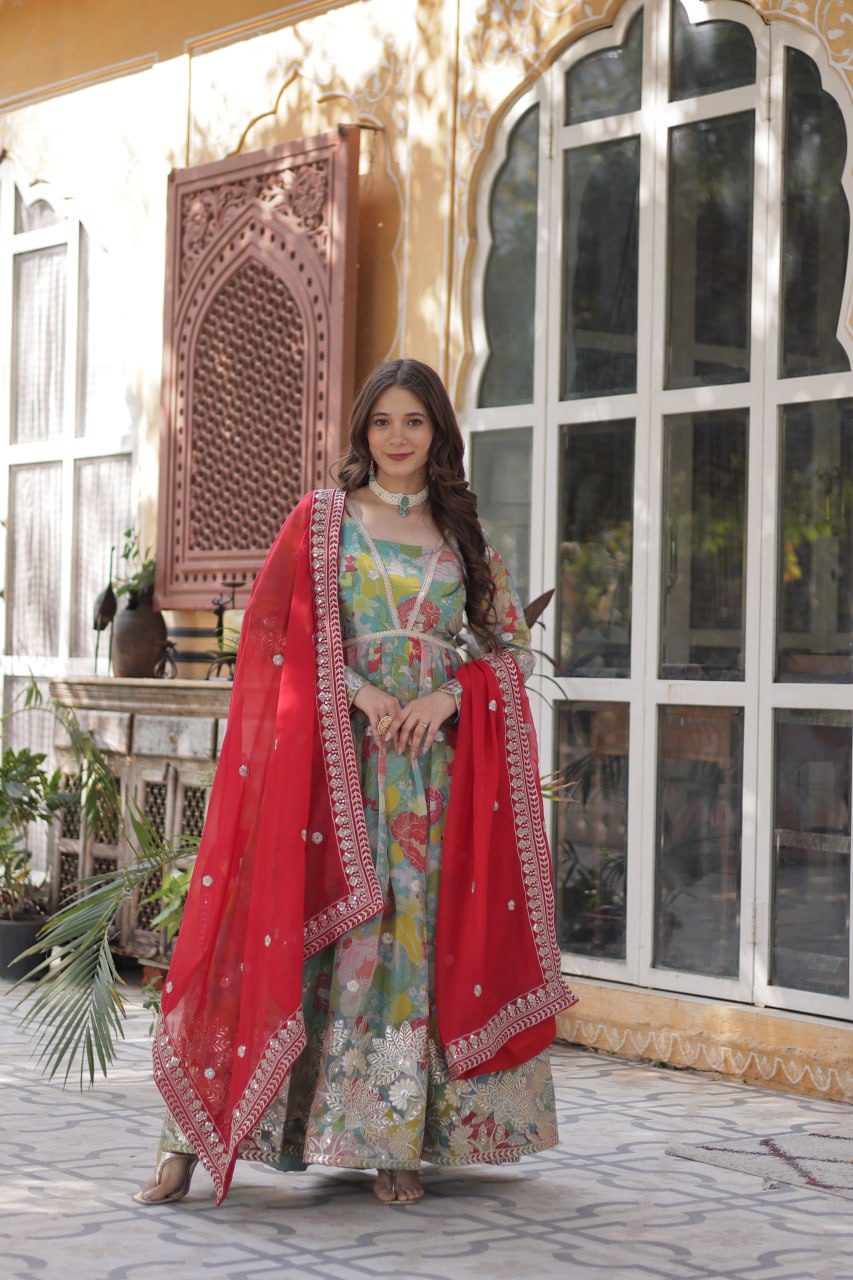 Digital Printed Russian silk With Foil Embroidery Zari Sequins-work Pista Green Color