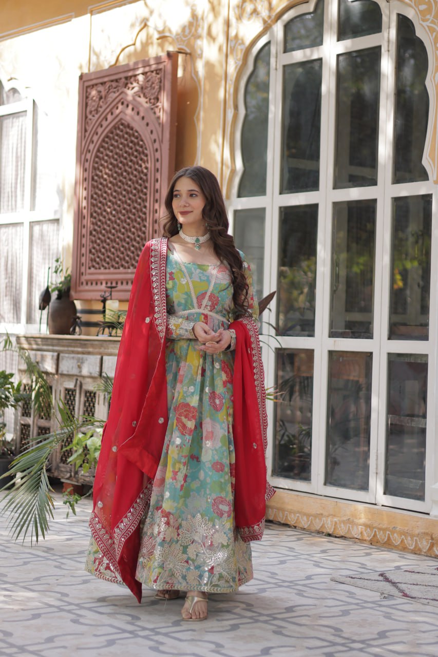 Digital Printed Russian silk With Foil Embroidery Zari Sequins-work Pista Green Color