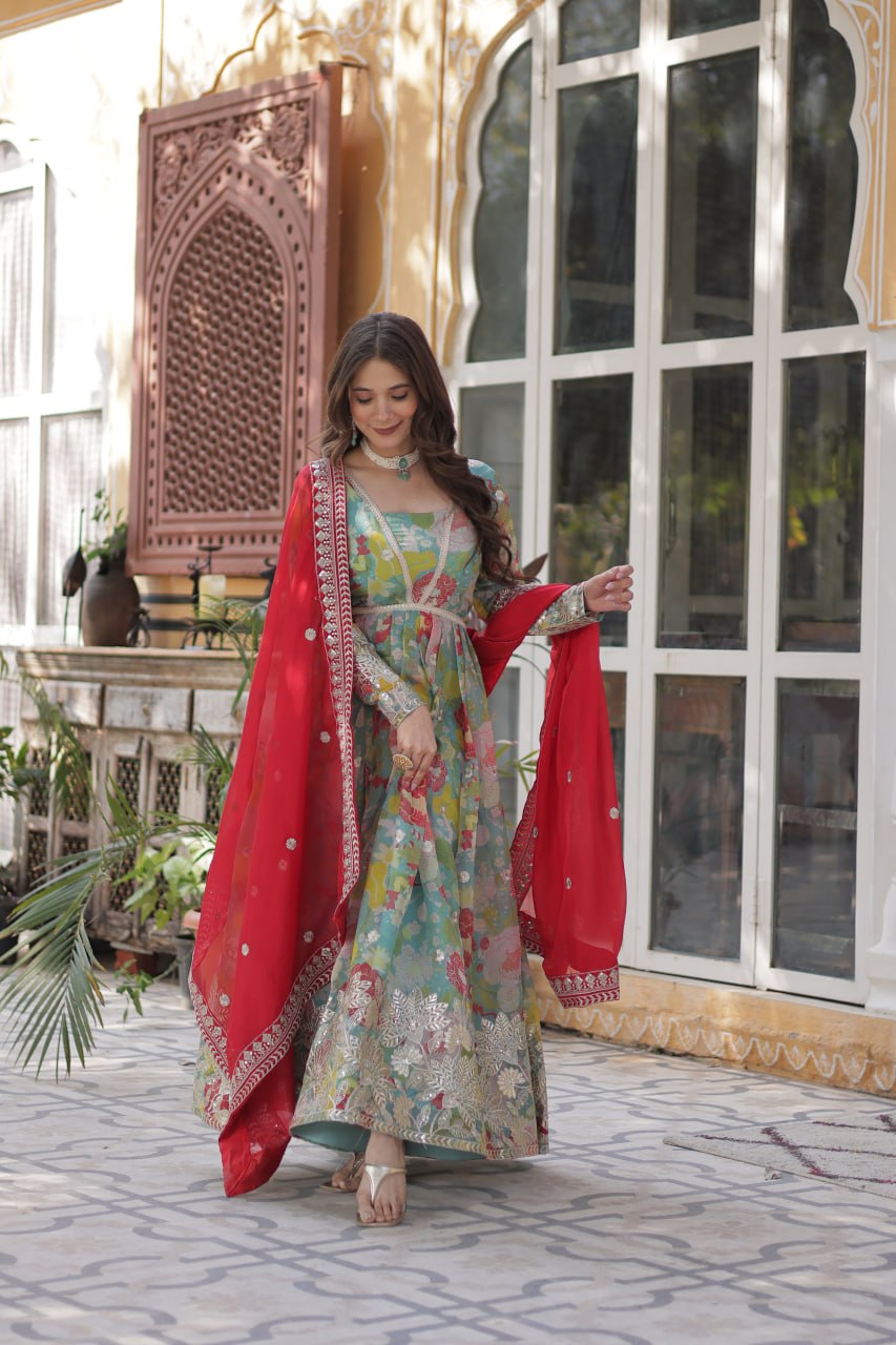 Digital Printed Russian silk With Foil Embroidery Zari Sequins-work Pista Green Color