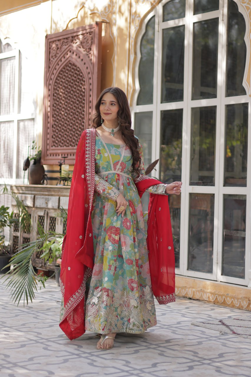 Digital Printed Russian silk With Foil Embroidery Zari Sequins-work Pista Green Color