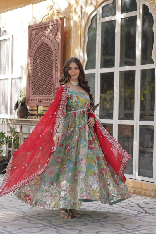 Digital Printed Russian silk With Foil Embroidery Zari Sequins-work Pista Green Color