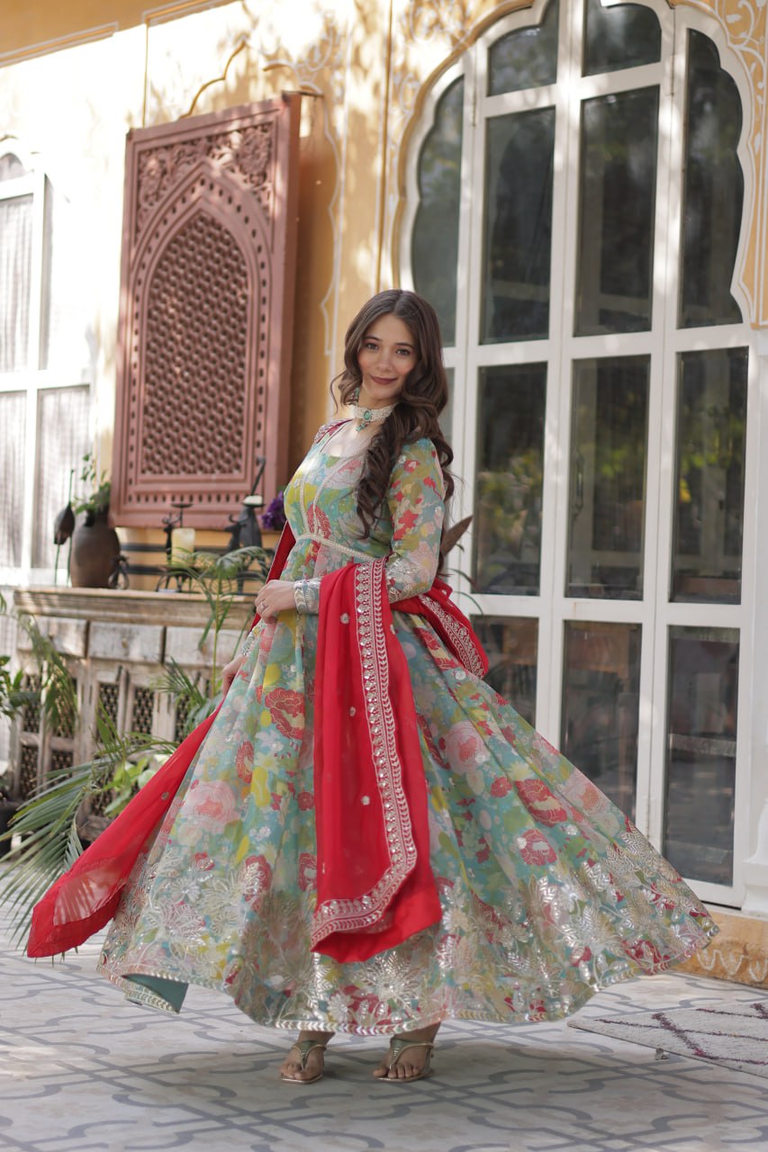 Digital Printed Russian silk With Foil Embroidery Zari Sequins-work Pista Green Color