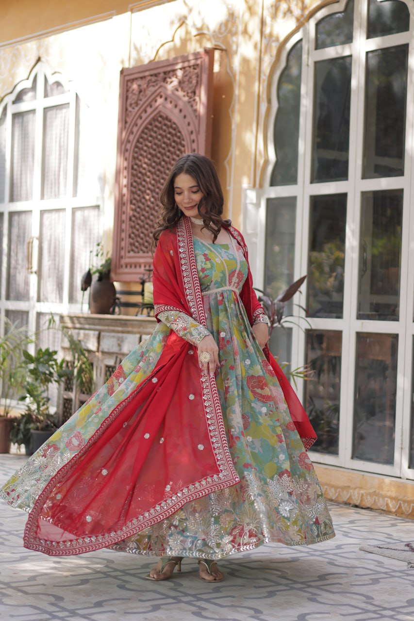 Digital Printed Russian silk With Foil Embroidery Zari Sequins-work Pista Green Color